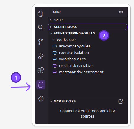 Kiro Skills panel showing the merchant-risk-assessment skill created successfully